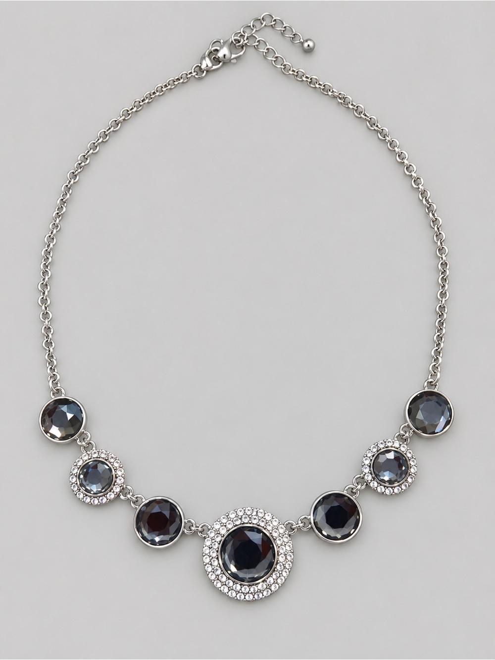 Silver-Tone Smoky Gray Statement Necklace with Rhinestone Accents 18-21”
